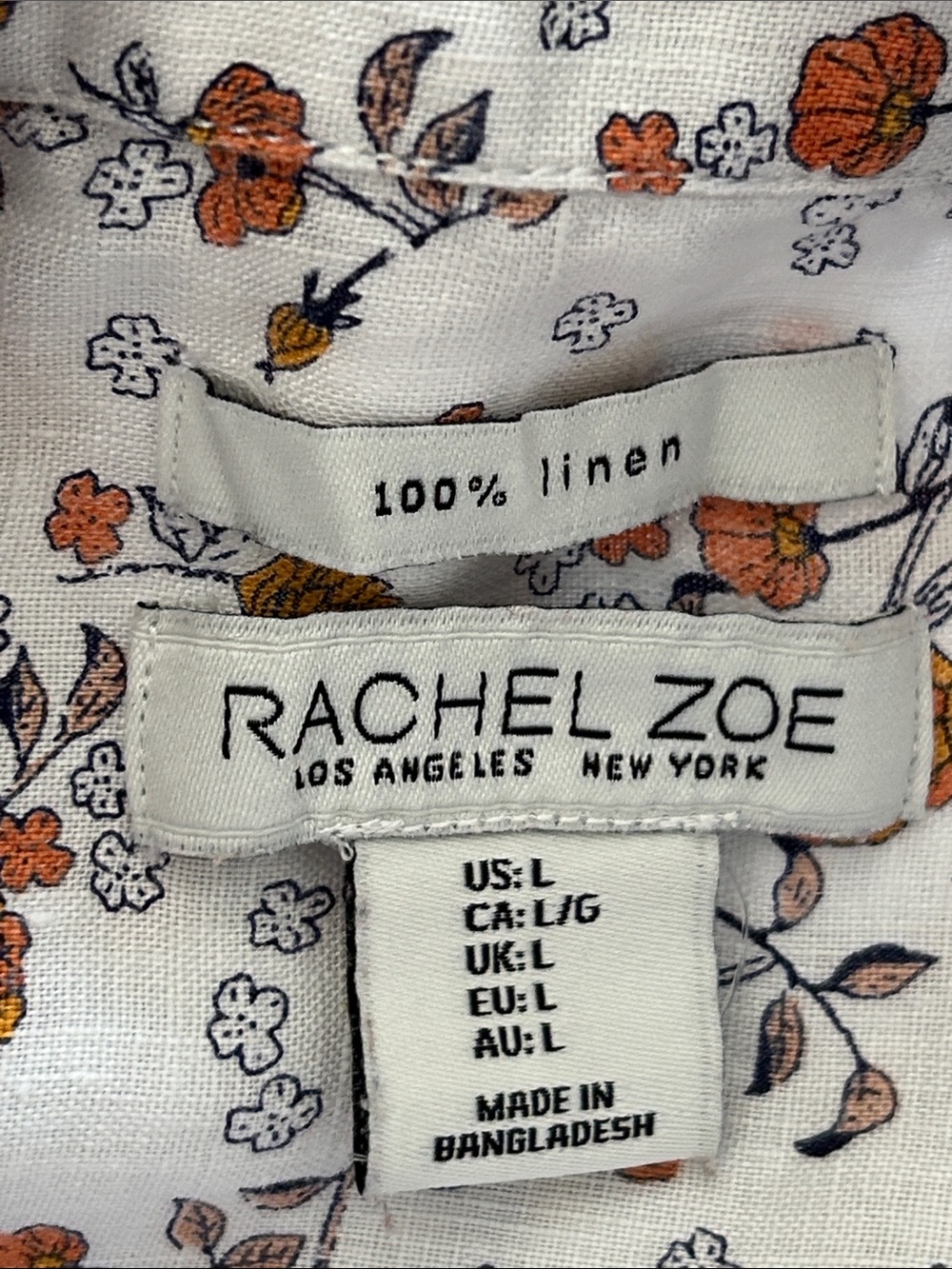 Rachel Zoe Boxy Floral Linen Blouse Sz L w MEASUREMENTS Cap Sleeves Shell Button - Picture 2 of 10